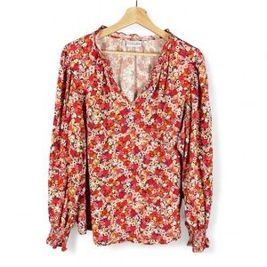 FOIL Size 10 Red Micro Floral Boho Cottage Long Puff Sleeve Lightweight Blouse